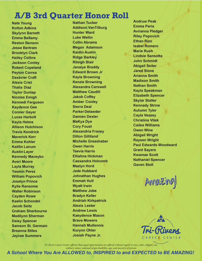 A and A/B 3rd Quarter Honor Rolls TriRivers Career Center & Center for Adult Education